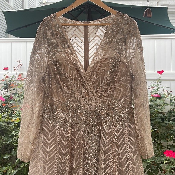 Ieena Mac Duggal - Embellished Illusion Long Sleeve Taupe A-line Gown - Picture 5 of 17